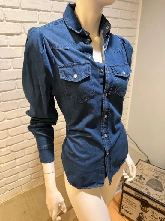 Torn by Ronny Kobo Chambray Denim Blouse S NWT Structured Chic Mutton Sleeve - Picture 4 of 16